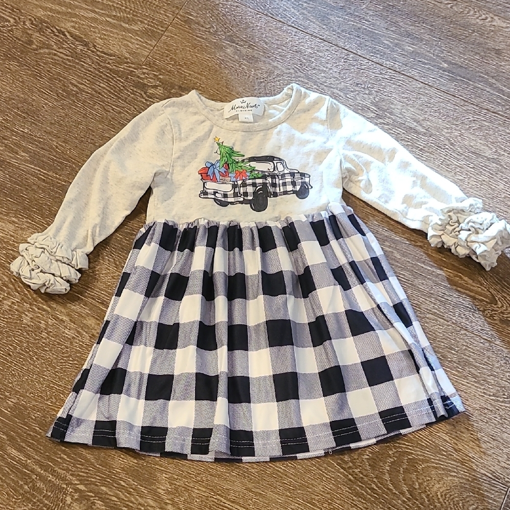 Marie Nicole Gray and Black Christmas Plaid Dress with Truck Design